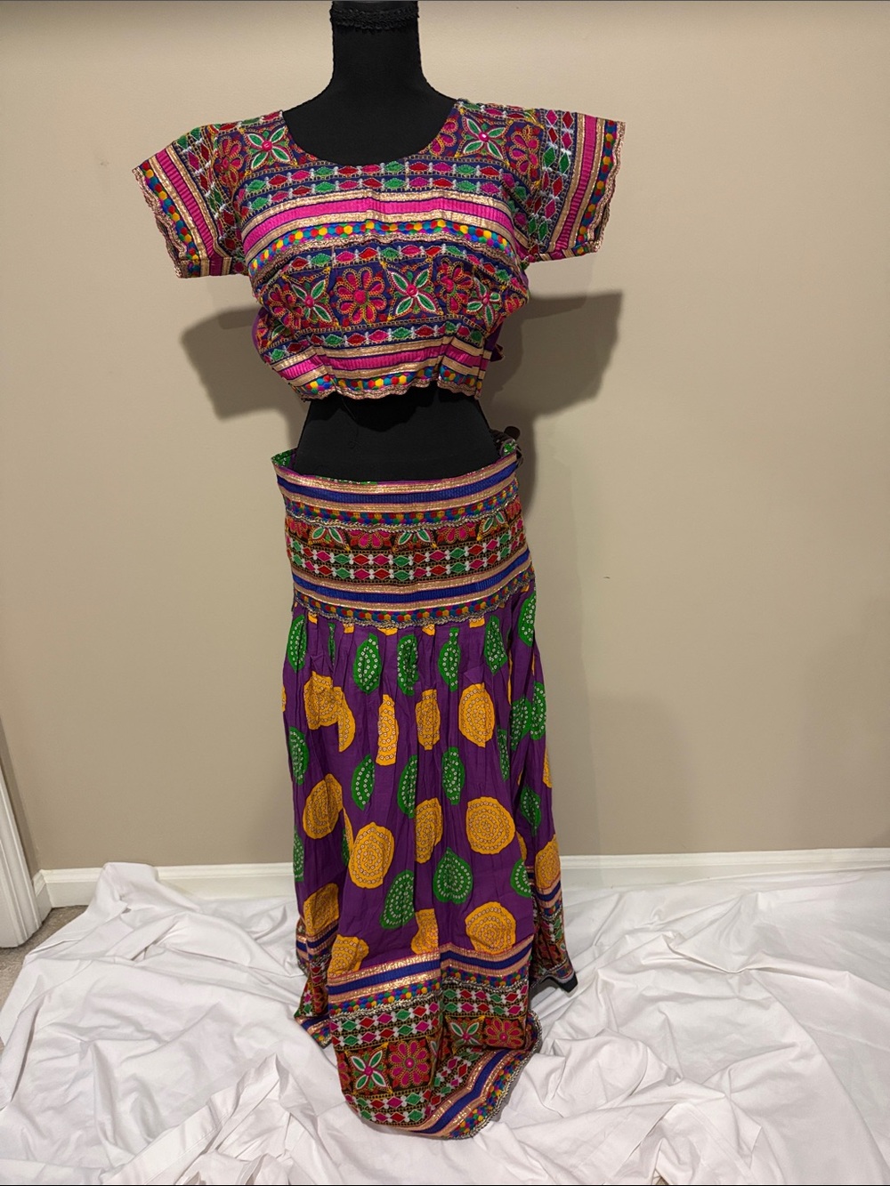 Vibrant Kutchi Purple Floral Print Maxi Skirt Set - Lehenga - No Dupatta